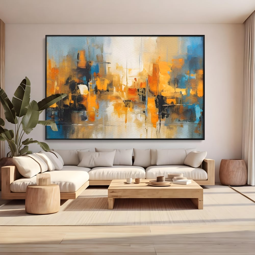 Tablou canvas cu pictura abstracta cu reflexii in apa, in rama de aluminiu negru, pe perete intr-un living